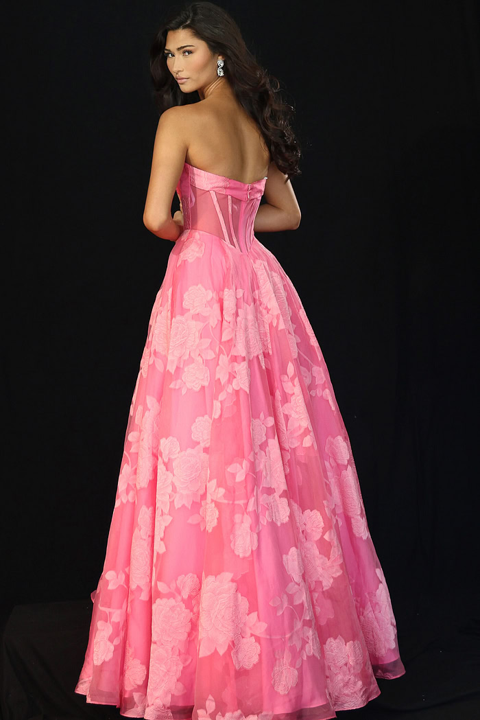 Romantic floral embroidered long gown with strapless bodice and flared hem
