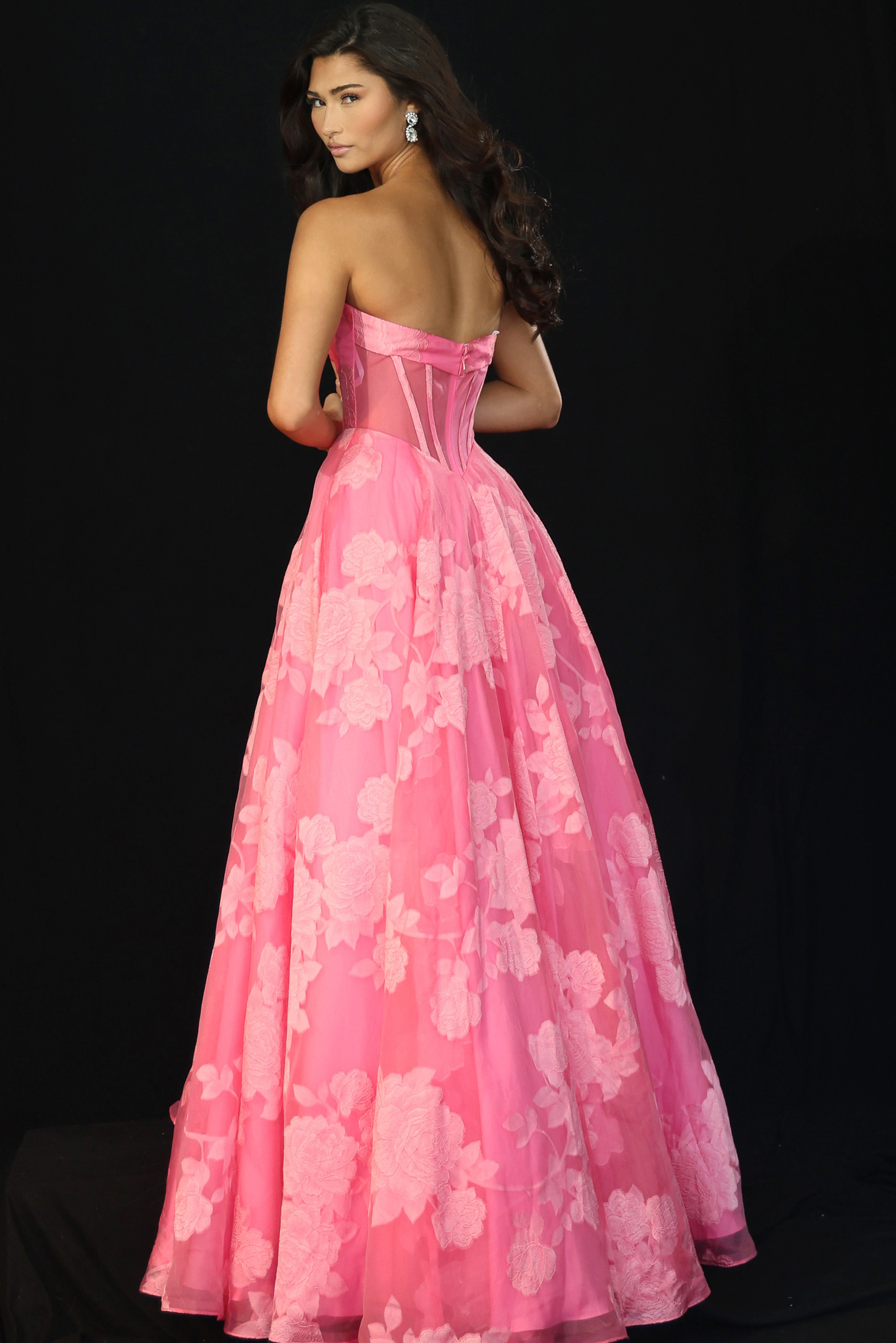 Romantic floral embroidered long gown with strapless bodice and flared hem