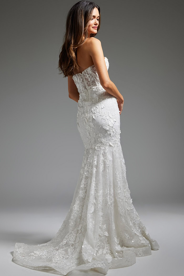 Model wearing JB02836 elegant white gown with lace appliqués, back view