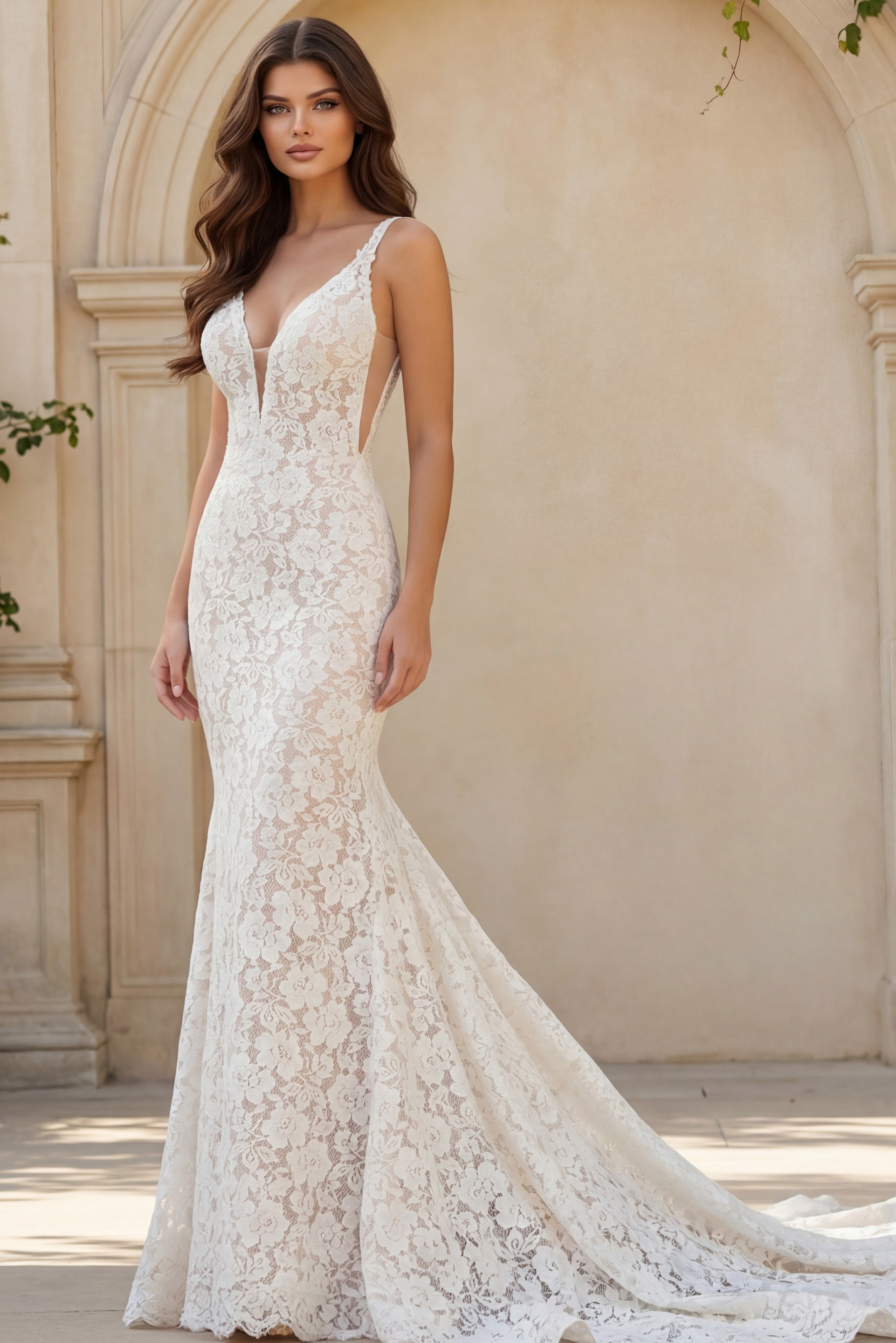 Lace mermaid wedding dress with deep V neckline and open back
