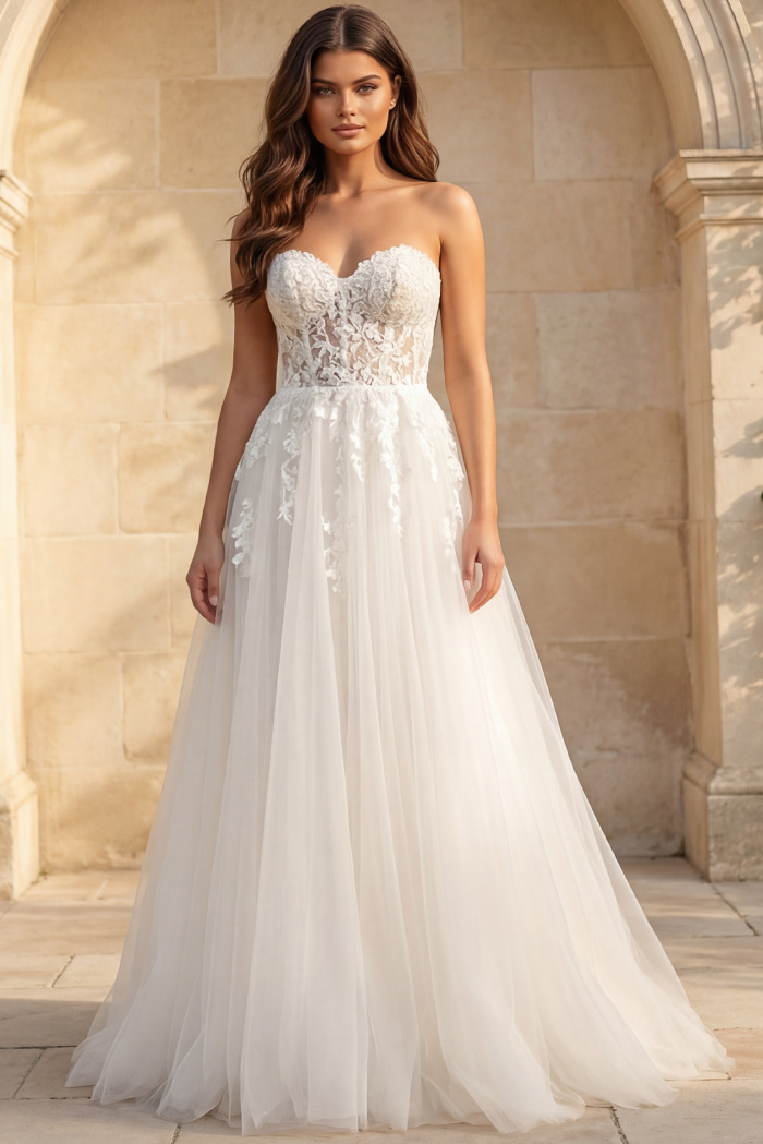 Strapless lace bodice gown with soft tulle A line skirt and floral appliqué details.