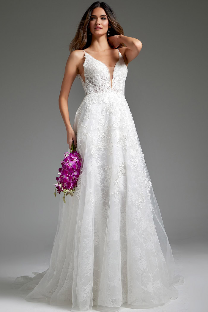 Model showcasing back of Jovani JB07147 ivory dress.