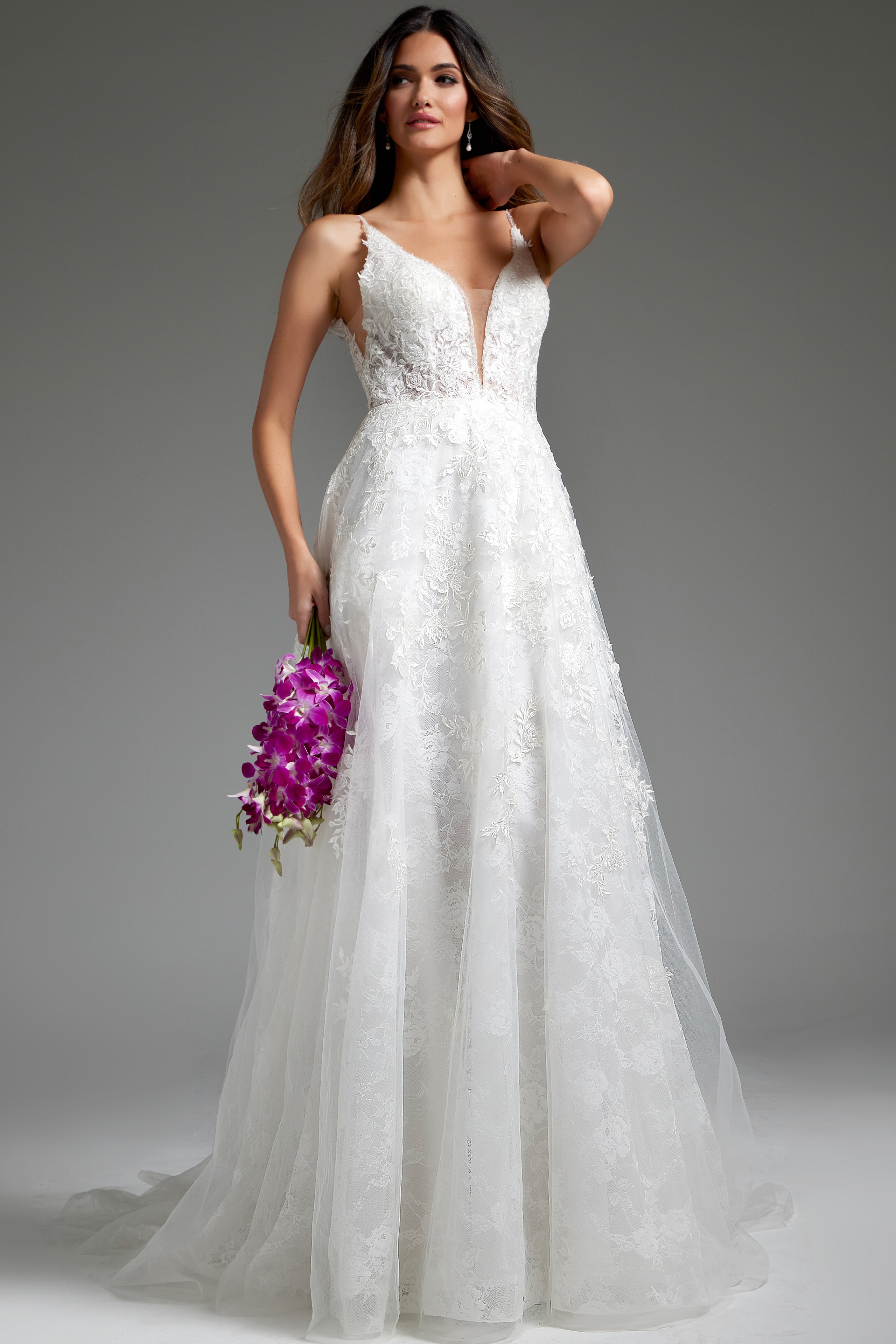 Model showcasing back of Jovani JB07147 ivory dress.