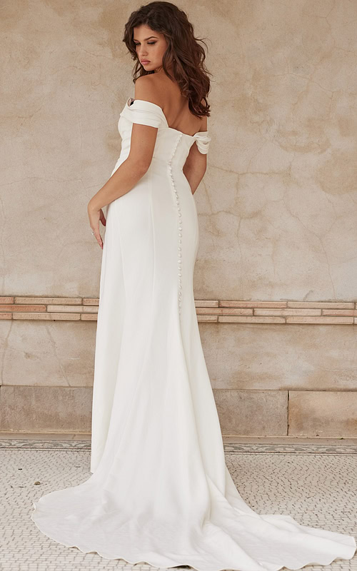 Back view of Jovani JB07454 ivory gown featuring button detail and floor-length design.