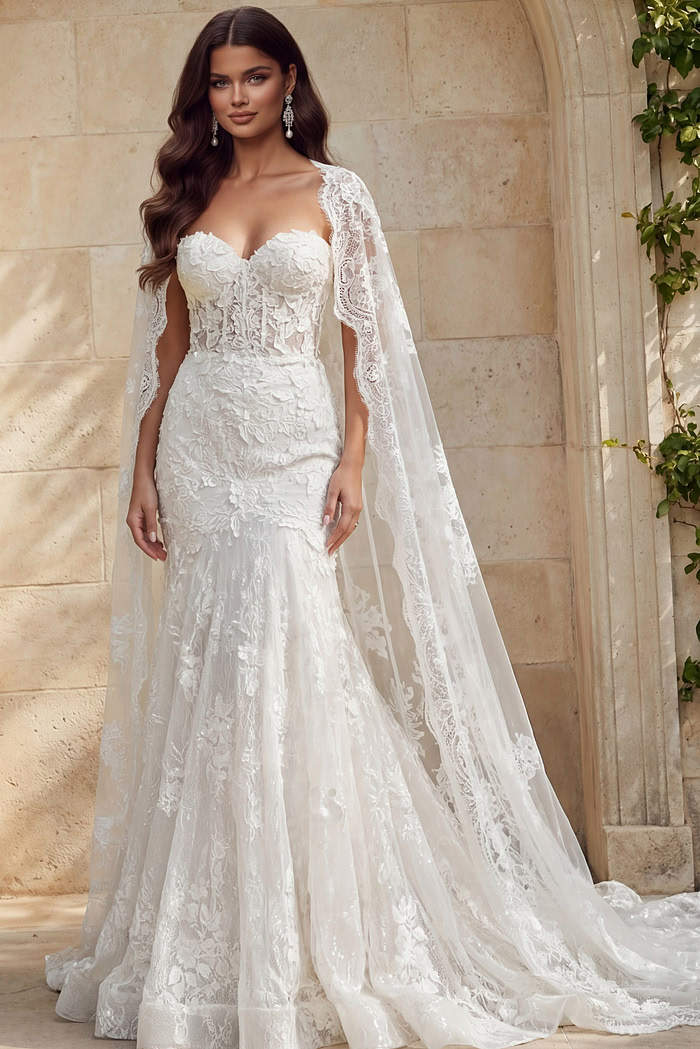 Lace mermaid gown with sweetheart bodice and detachable sheer cape sleeves with embroidered edging.