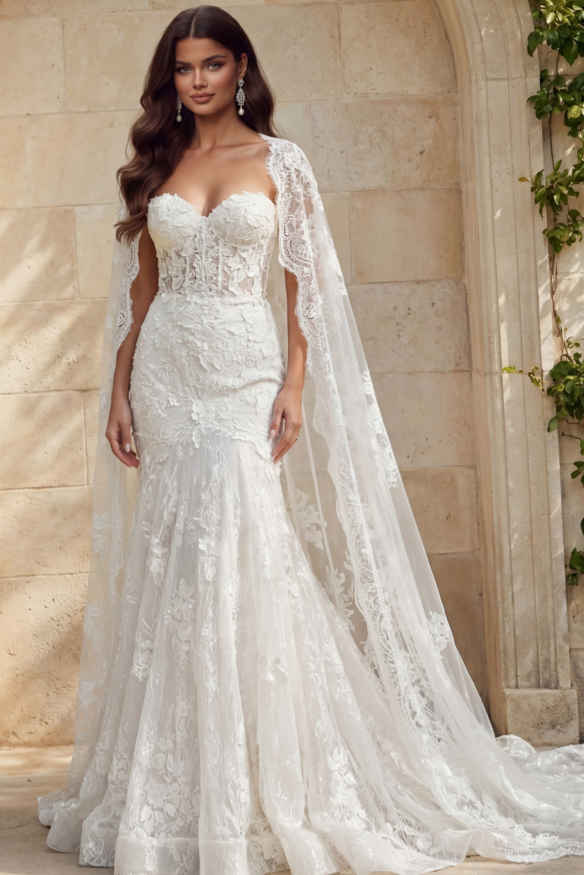 Lace mermaid gown with sweetheart bodice and detachable sheer cape sleeves with embroidered edging.