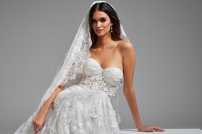 Jovani JB07583 white gown showcased with intricate lace and strapless design.