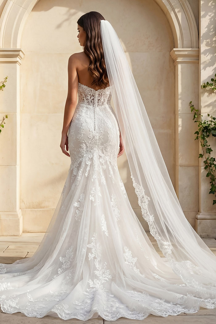 Back view of a strapless lace mermaid wedding gown with sheer tulle train and long cathedral veil with lace trim.