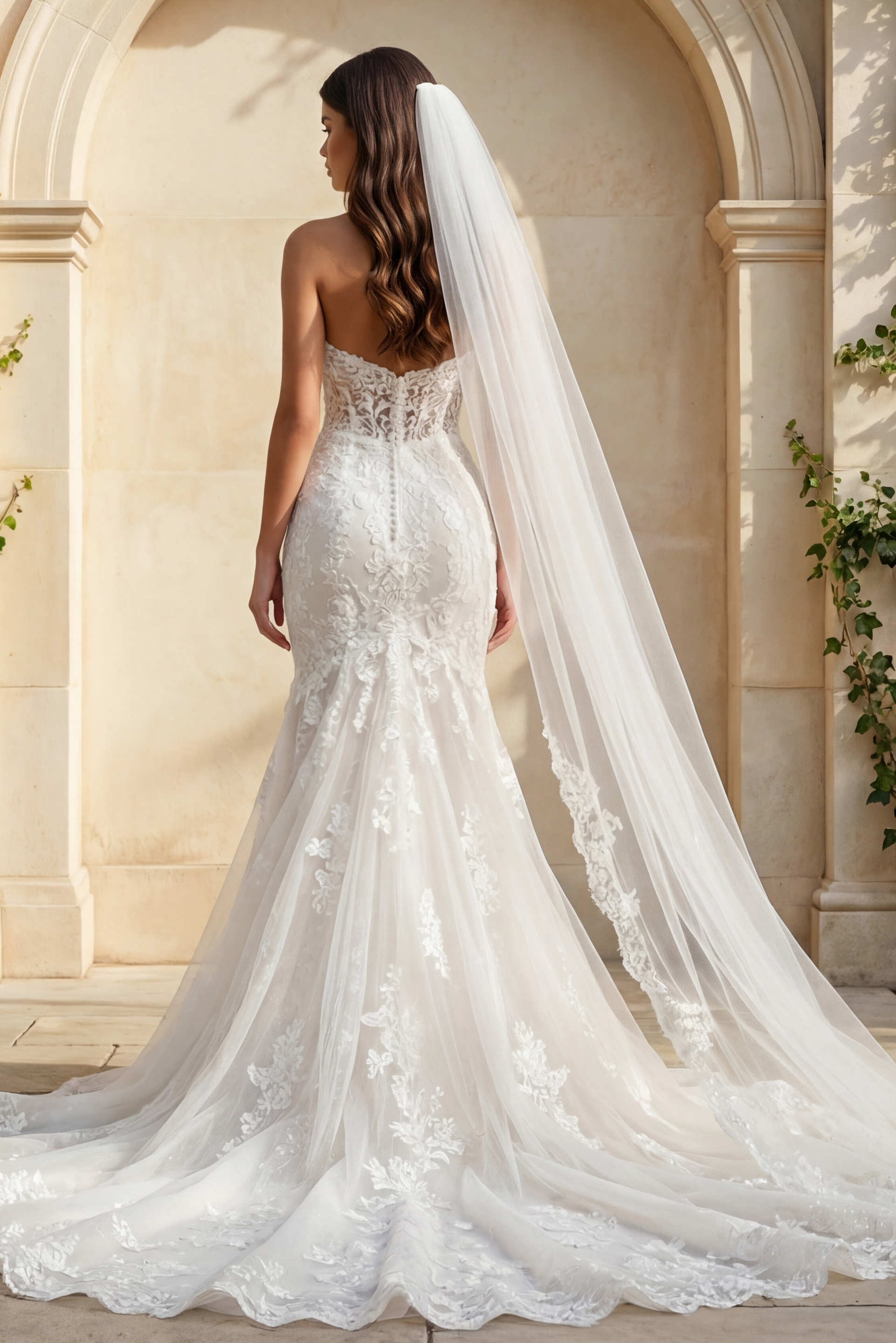 Back view of a strapless lace mermaid wedding gown with sheer tulle train and long cathedral veil with lace trim.