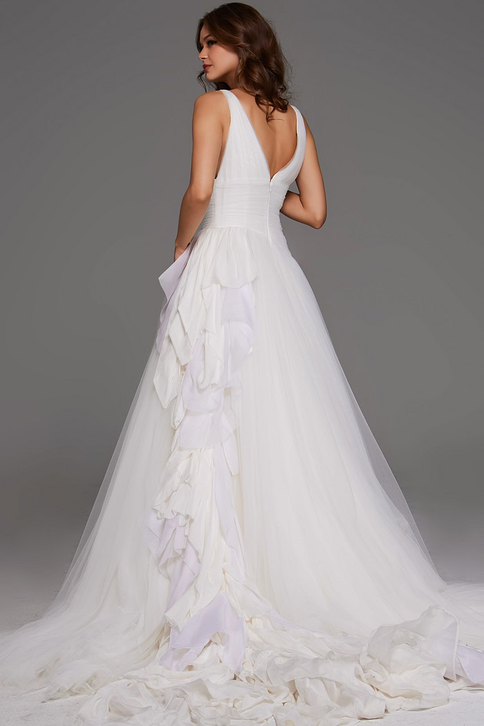 Back view of Jovani JB23241 white A-line gown featuring flowing ruffles.