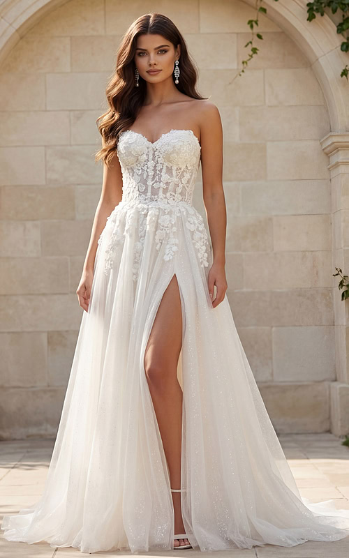 Strapless lace gown with illusion bodice, high slit, and soft tulle skirt.