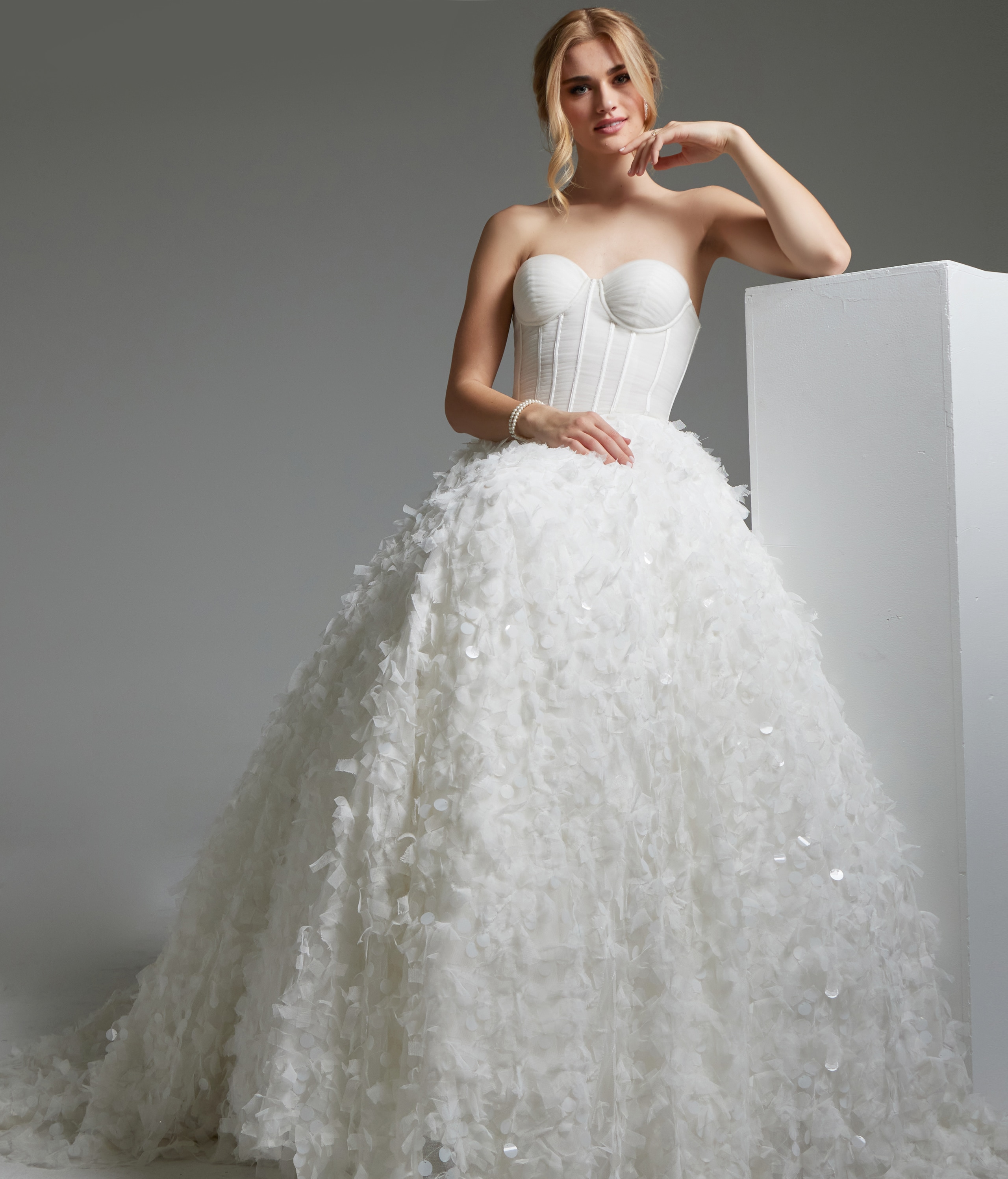 elegant Jovani JB26295 white dress with floral skirt detailing