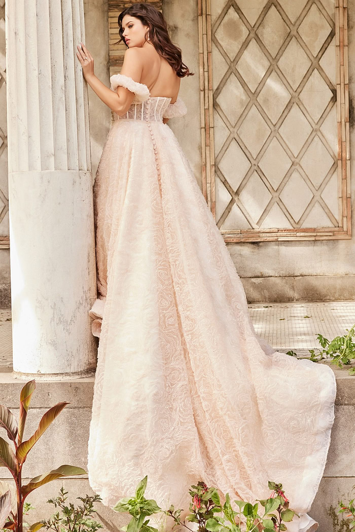 Back view of JB26341 gown highlighting the sweeping train and elegant lace detailing.