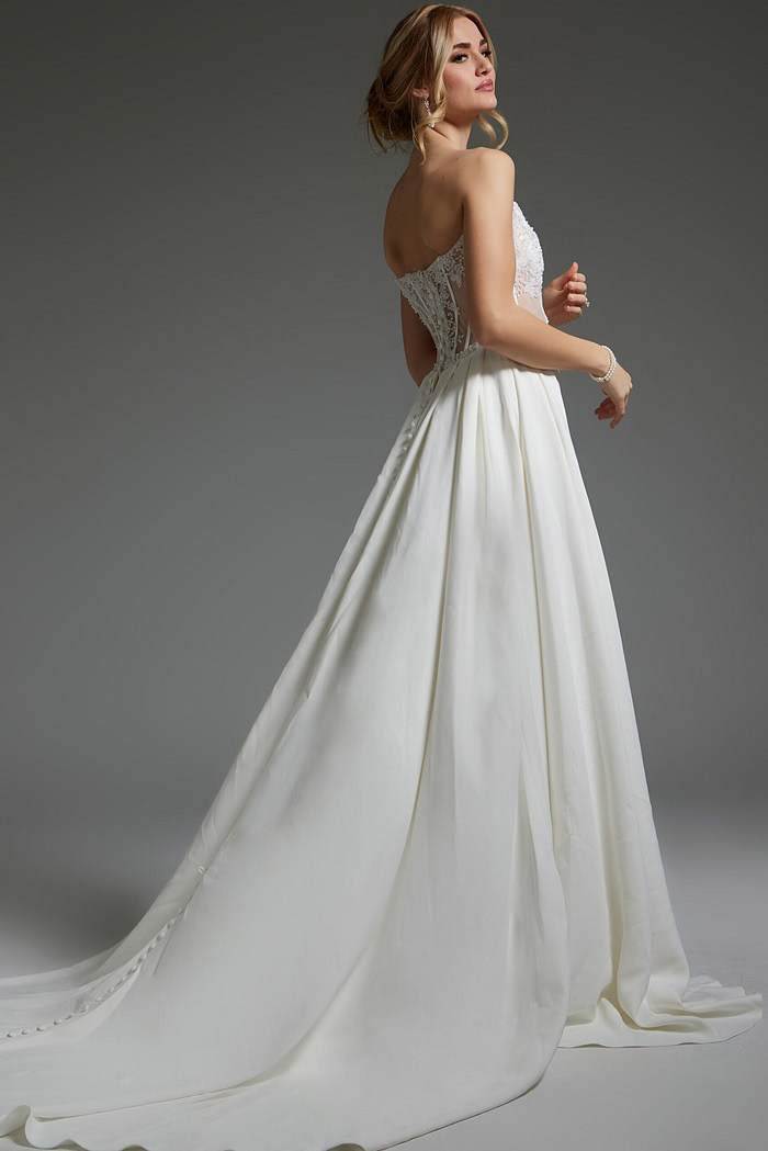 Back view of Jovani JB37128 ivory dress with buttoned closure and long train.