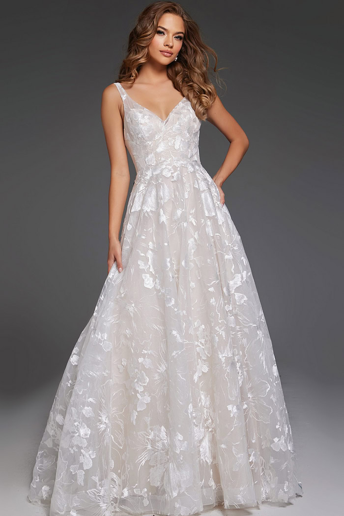 Model showcasing Jovani JB37434 with a full-length A-line design and V-neckline.
