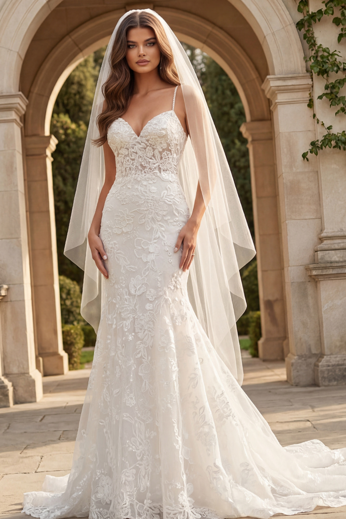 Lace wedding gown with spaghetti straps and flowing veil, featuring floral embroidery and a soft train.