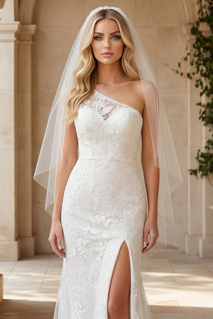 Romantic lace bridal gown with delicate floral embroidery and flowing train