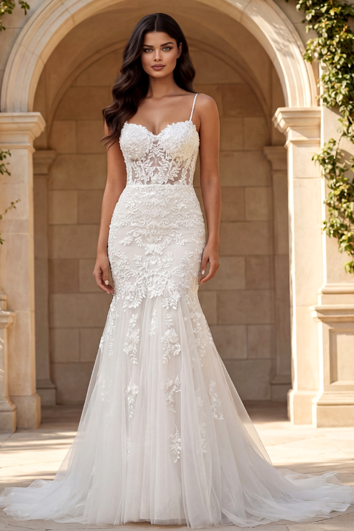 Spaghetti strap lace mermaid gown with floral embroidery and soft tulle train.
