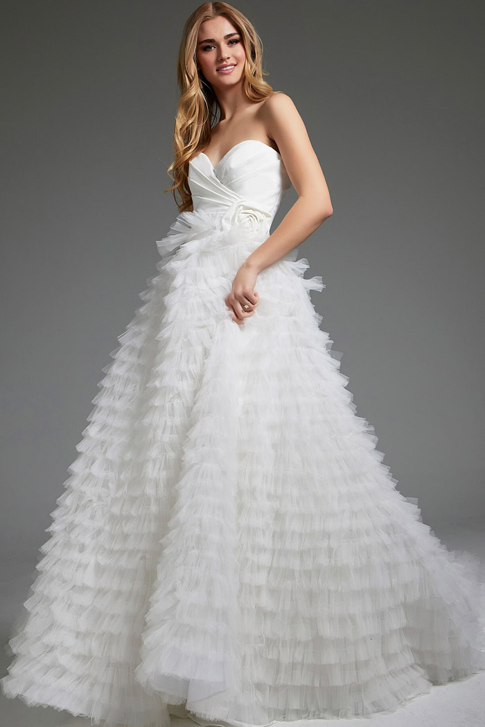 Front view of Jovani JB38958 gown with ruffled A-line skirt.
