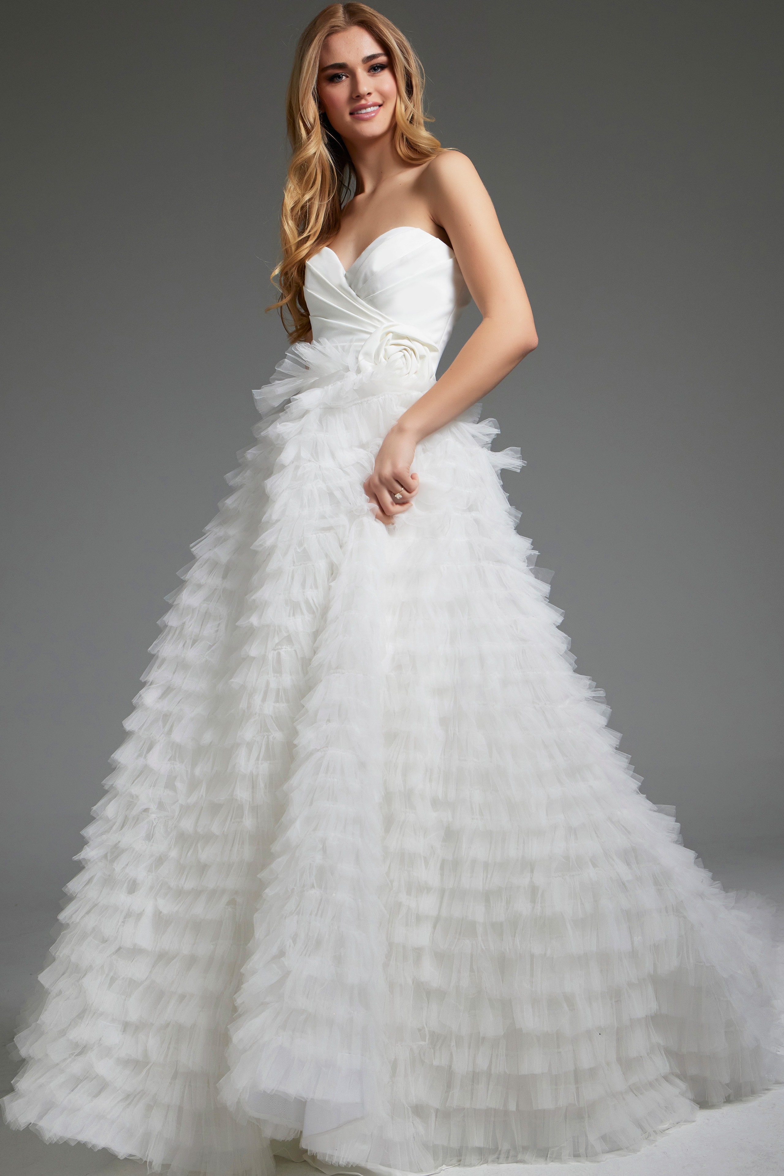 Front view of Jovani JB38958 gown with ruffled A-line skirt.