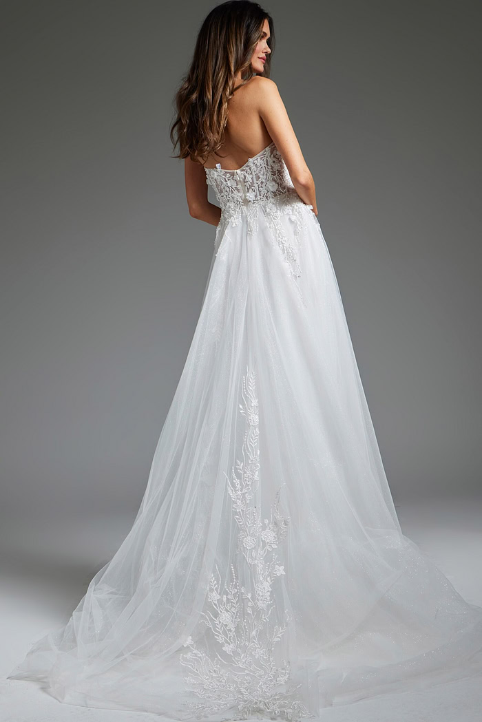 Back view of Jovani JB39160 white dress, showcasing the intricate lace detailing.