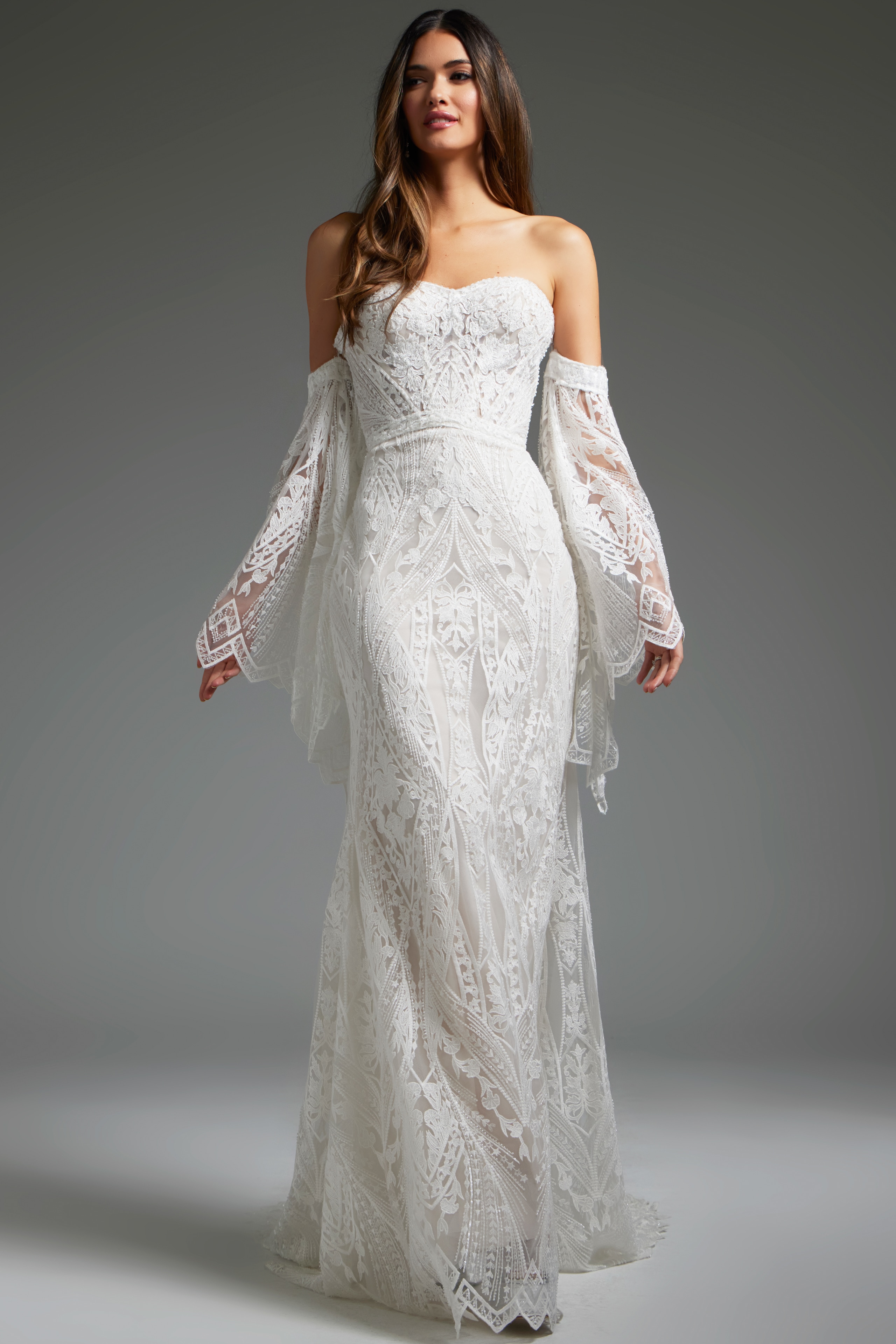 model in Jovani jb39162 showcasing front view with detailed lace
