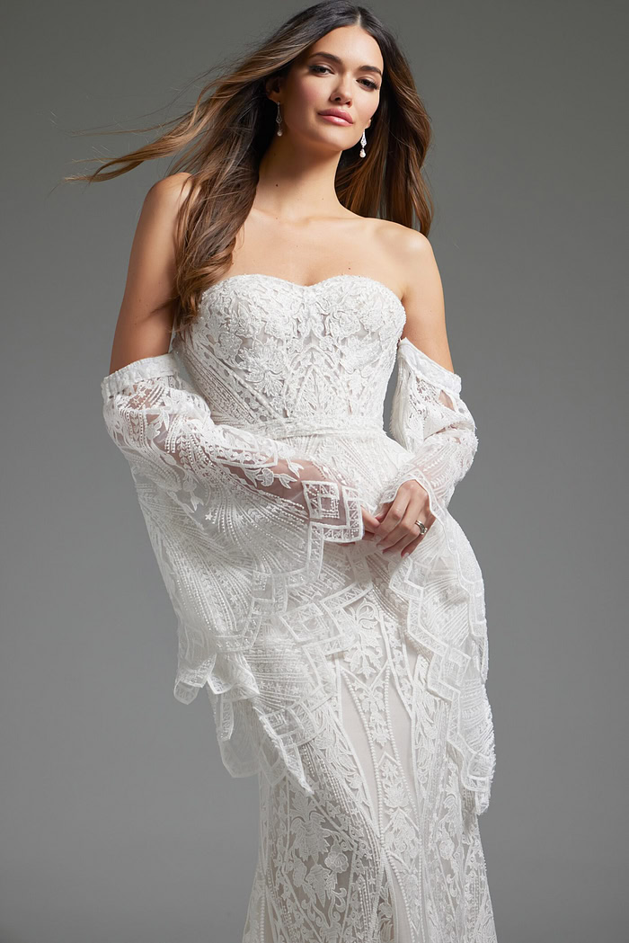 model in Jovani jb39162 white gown with sweetheart neckline