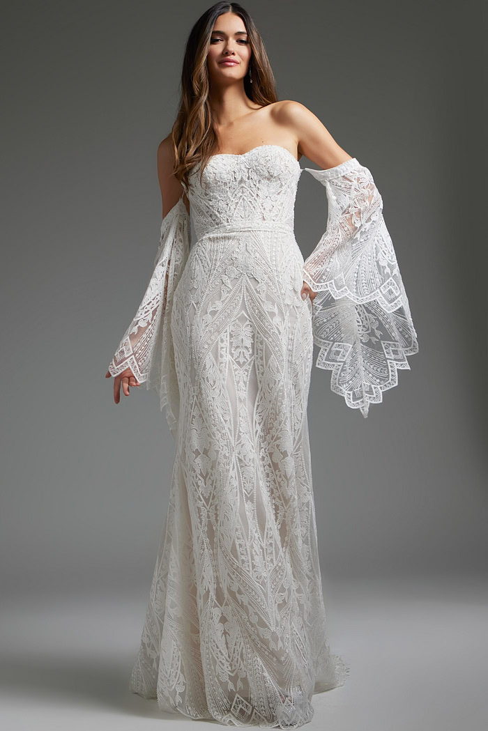 model in Jovani jb39162 white gown showing lace detail and flowy silhouette