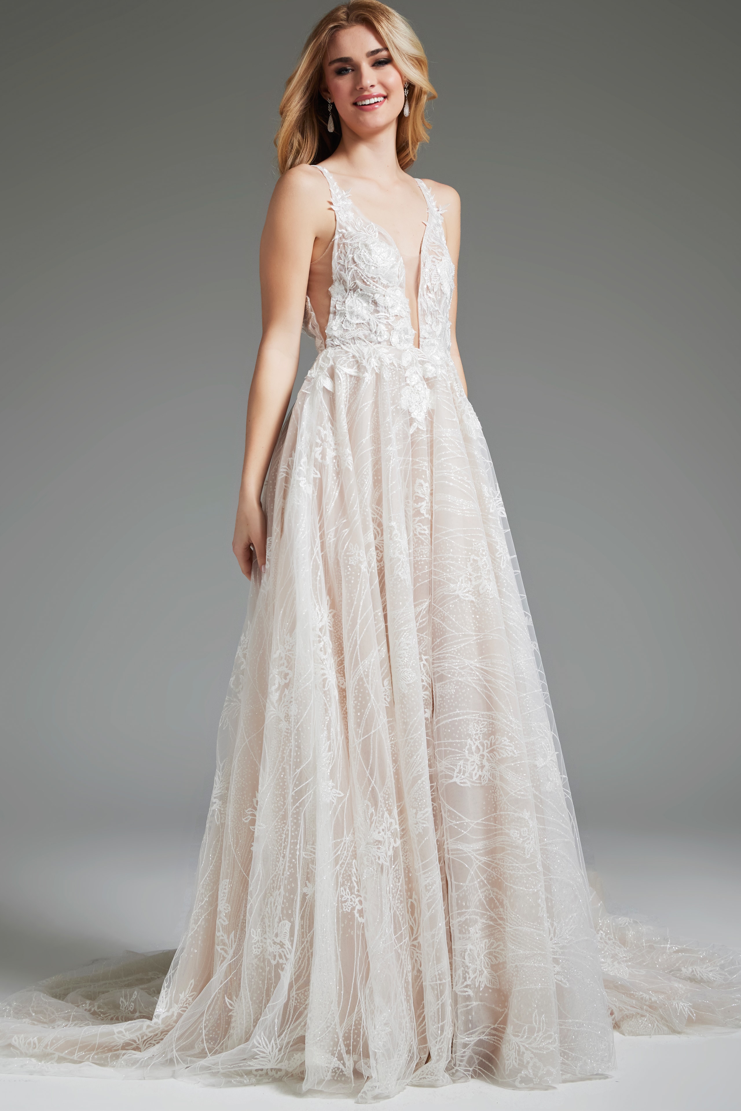 Model wearing Jovani 39435, close-up of gown