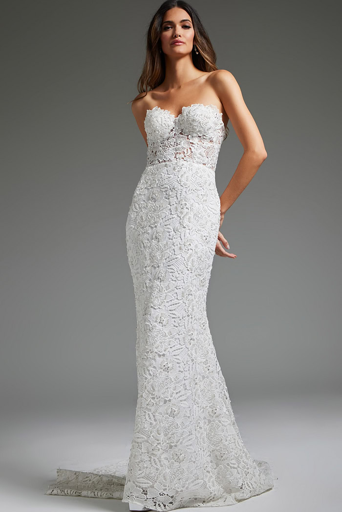Model in Jovani JB39733 lace gown, front view showing strapless neckline and silhouette.