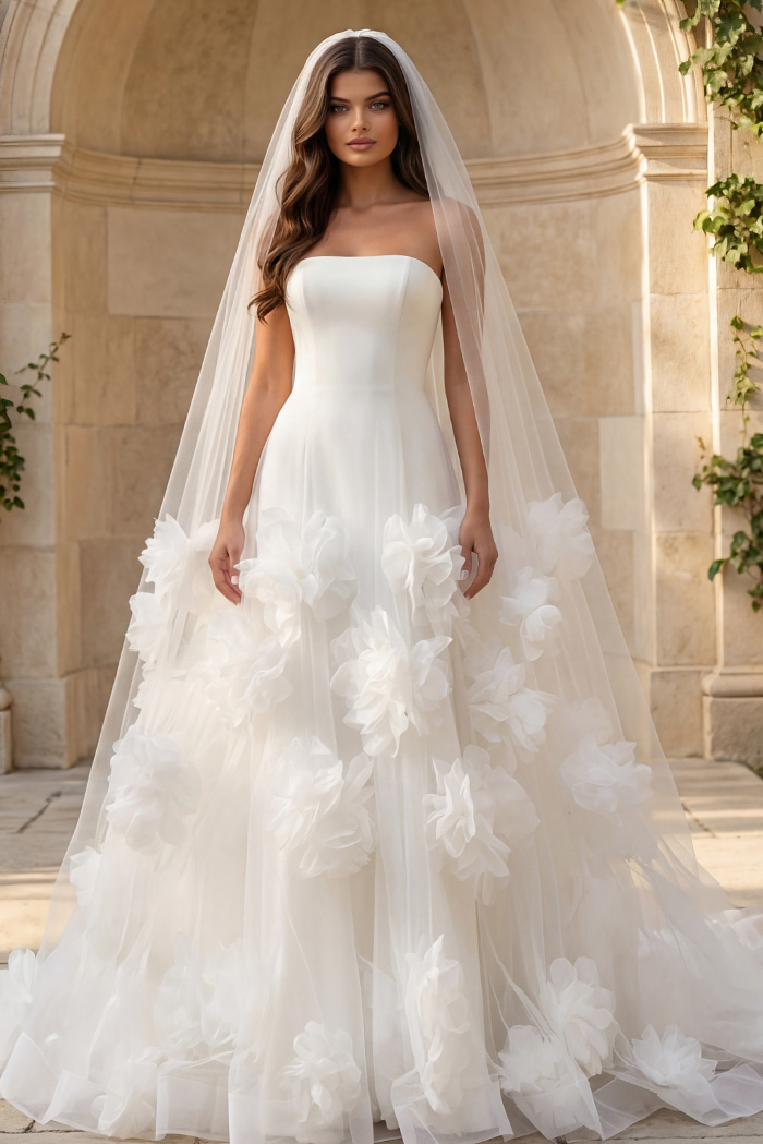 Elegant Strapless Bridal Gown with Floral Tulle Accents JB40091