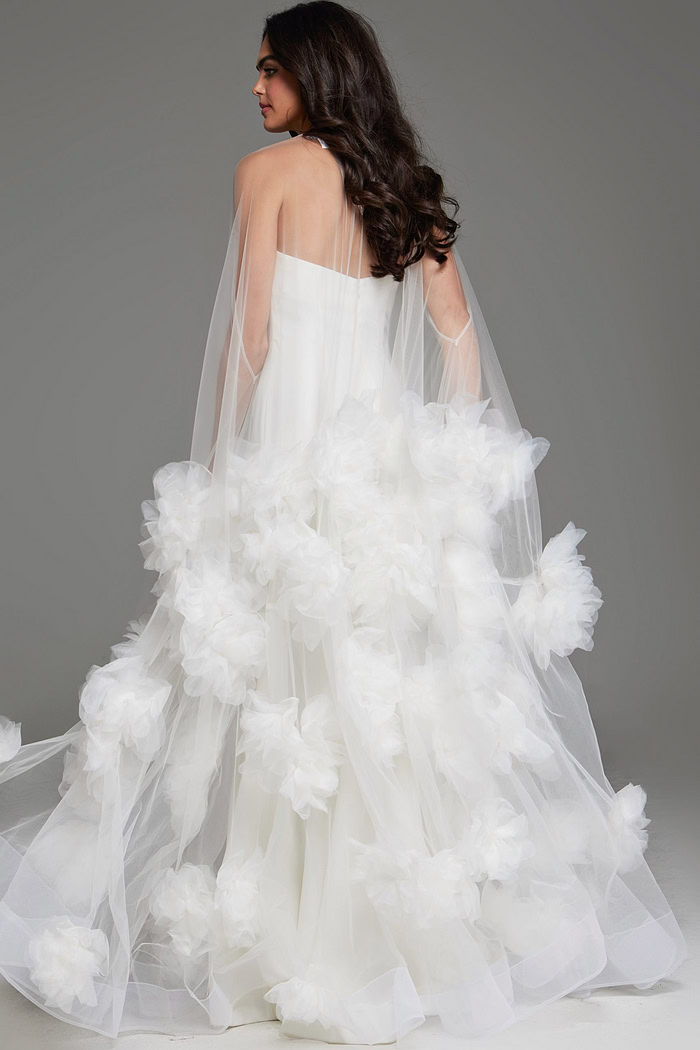 Back view of model in Jovani JB40091 gown highlighting the floral accents.