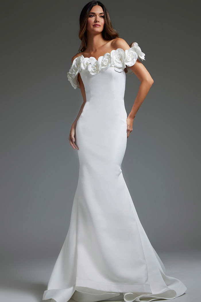 Model wearing Jovani JB40594 white mermaid gown front view full length
