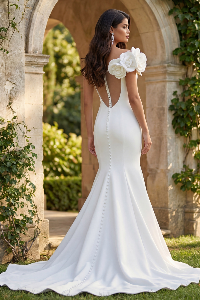 Back view of an off shoulder gown with deep V back, button details, and soft flared train.