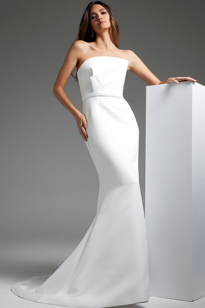 model in JB40597 floor-length dress with minimalist design in off-white