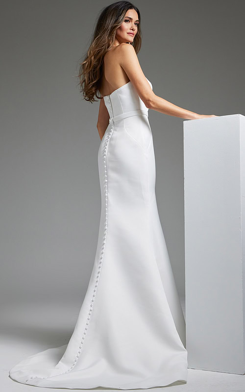 back view of JB40597 dress with button detailing in off-white