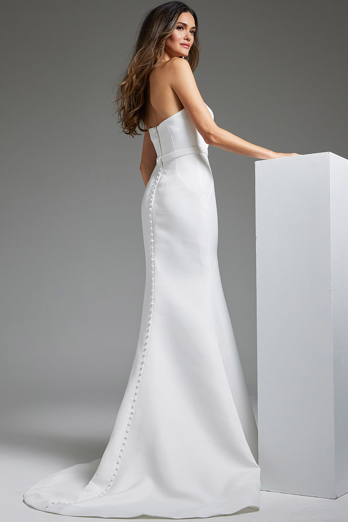back view of JB40597 dress with button detailing in off-white