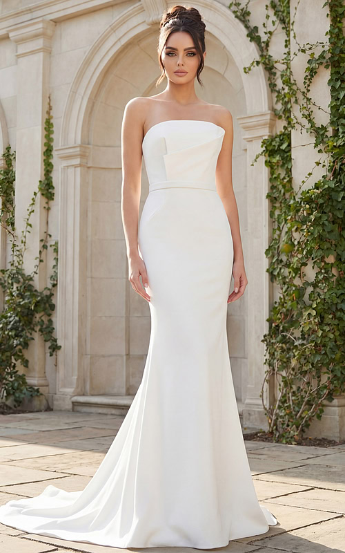 A sleek strapless fit and flare bridal gown featuring clean lines, soft structure, and a button-detailed back for a refined modern look.