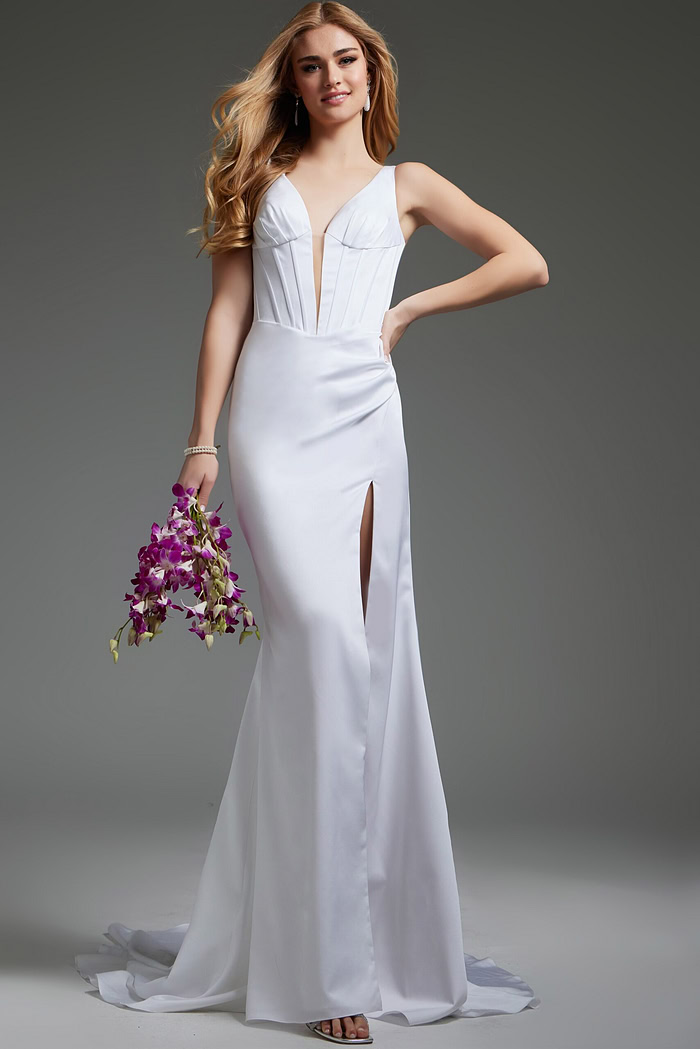 Jovani JB40782 white gown worn by model with V-neck and slit