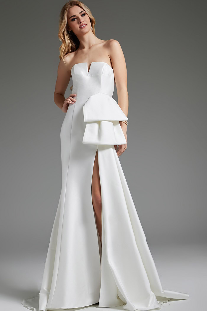 Woman wearing Jovani JB40791 white gown, highlighting its elegant silhouette.