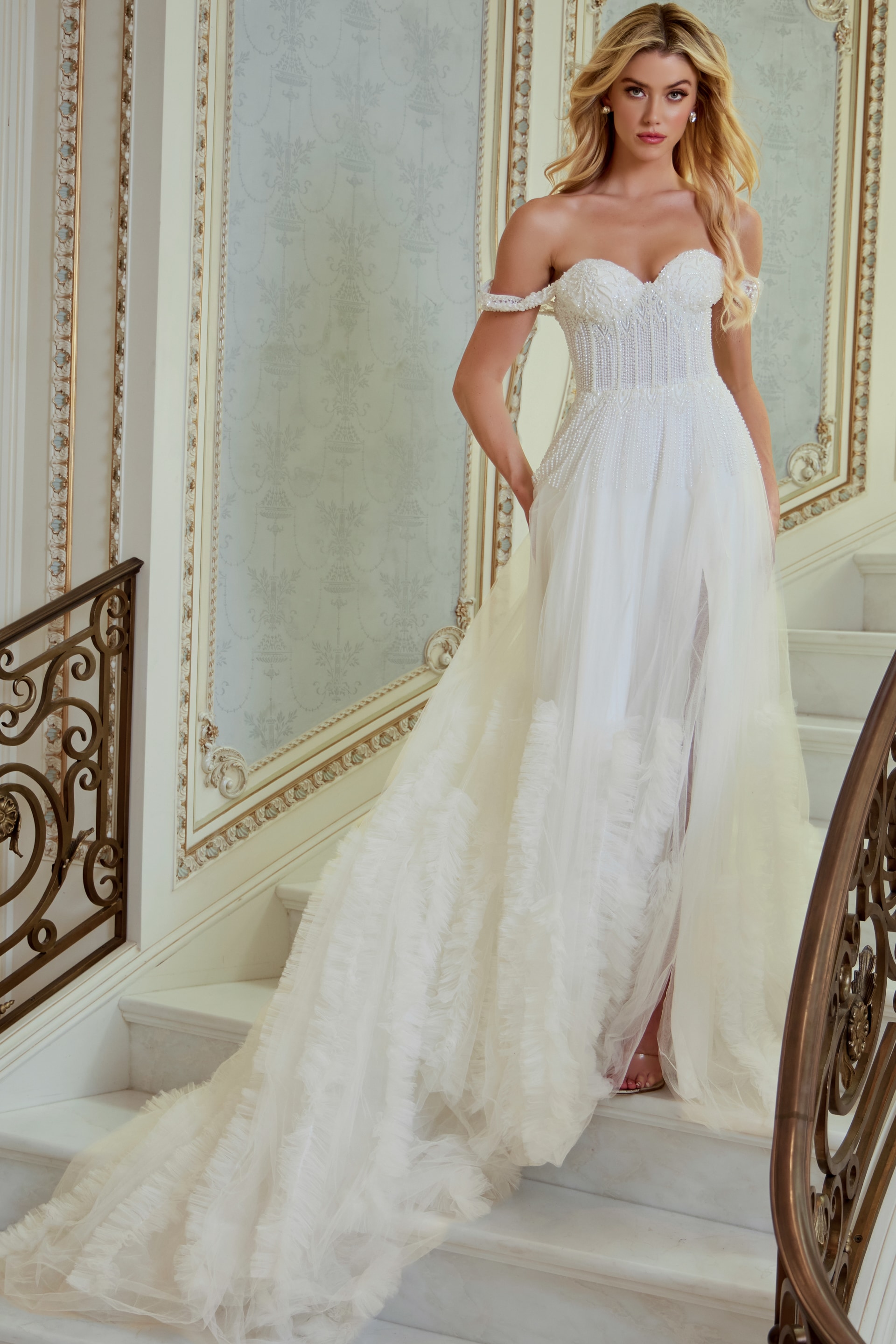 sweetheart neckline tulle off the shoulder wedding dress JB41159