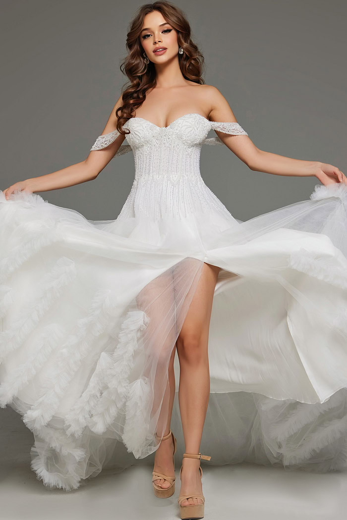 Model showing Jovani JB41159 white dress with flowing A-line skirt.