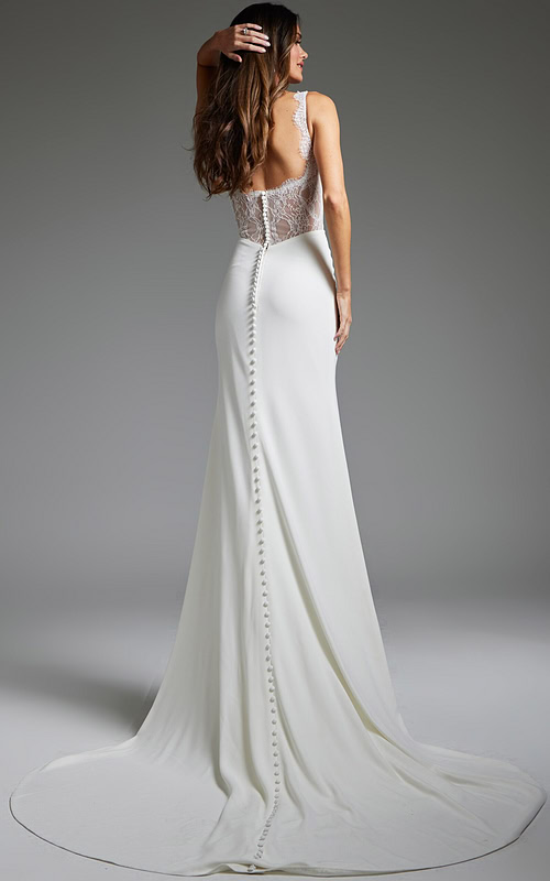 Back view of Jovani JB42222 ivory gown with lace detailing and buttoned train.