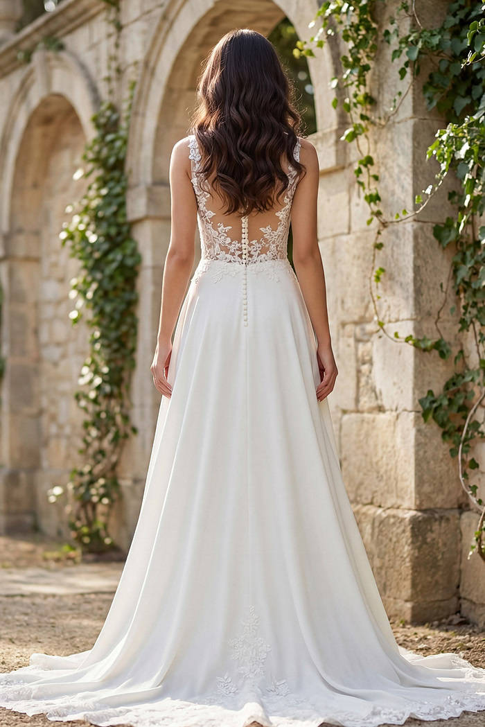 Back view of a flowing A-line bridal gown with lace illusion back, button closure, and soft chapel train