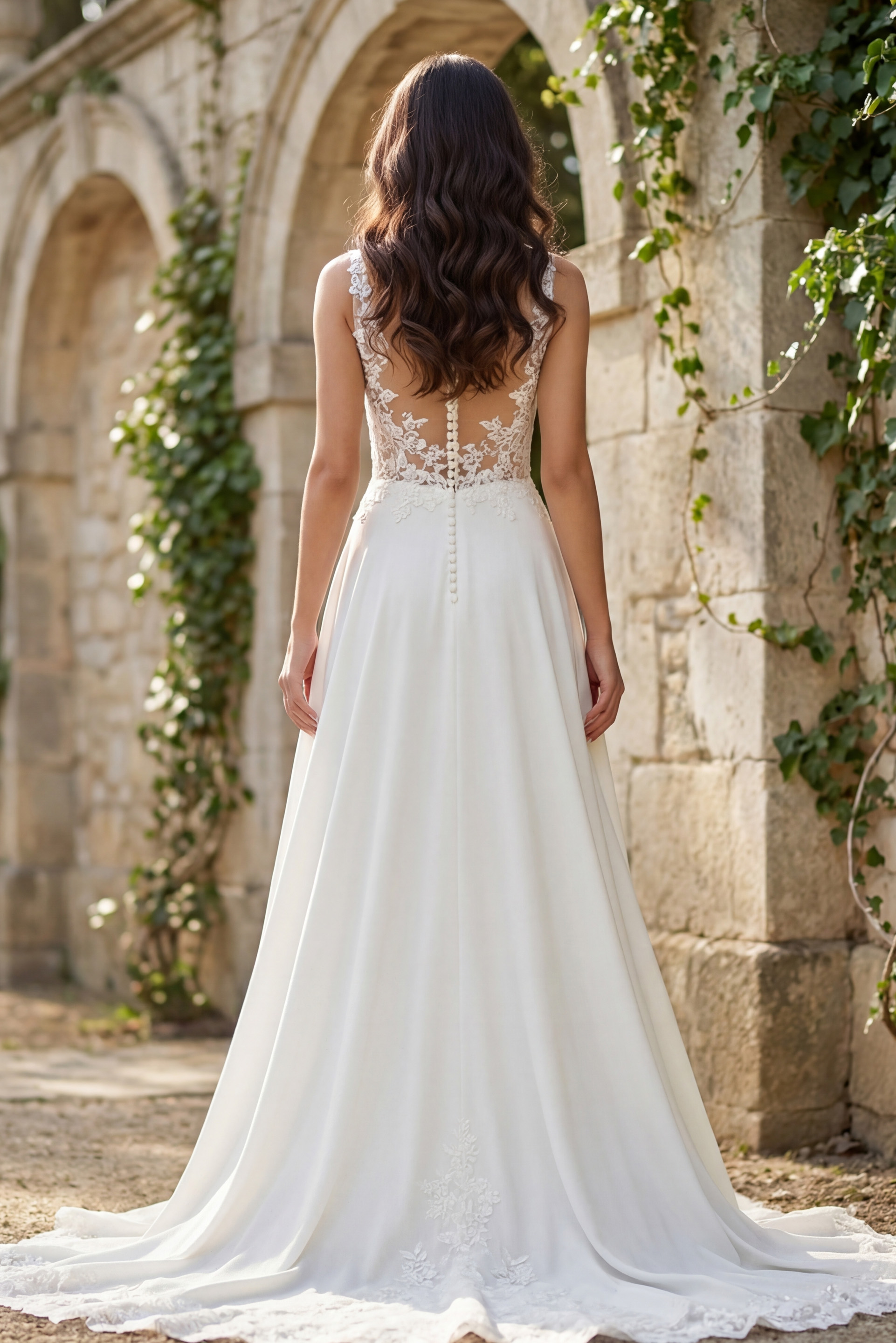 Back view of a flowing A-line bridal gown with lace illusion back, button closure, and soft chapel train