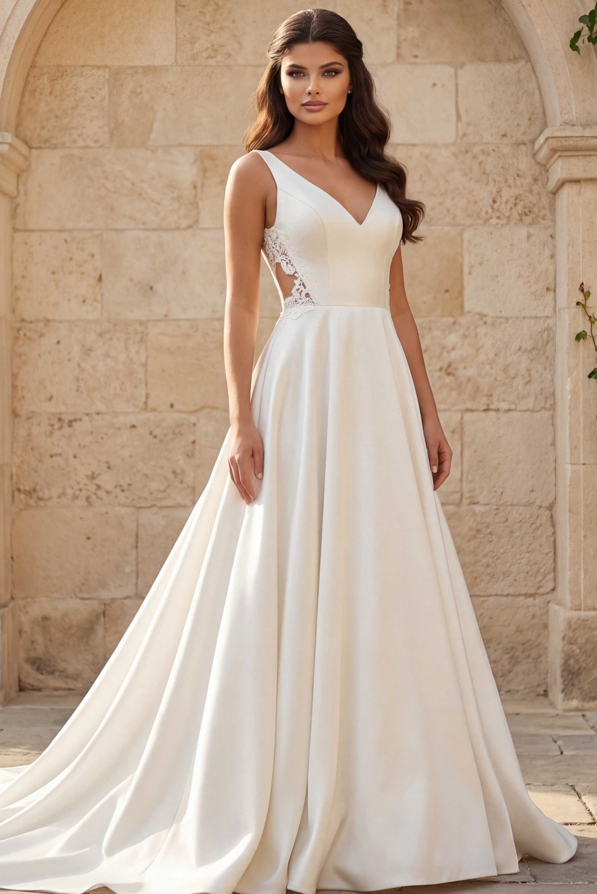 Front view of an elegant V-neck bridal gown with smooth skirt and lace side panels in an outdoor stone courtyard.