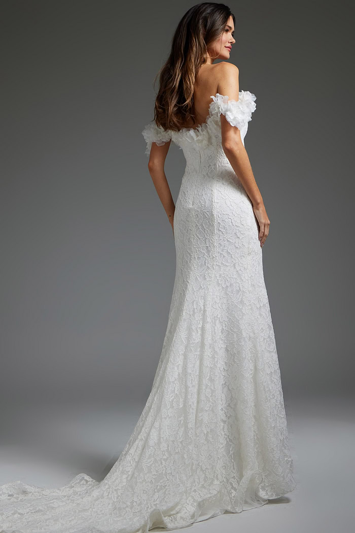 Back view of model in JB42295 ivory lace dress with off-shoulder design.