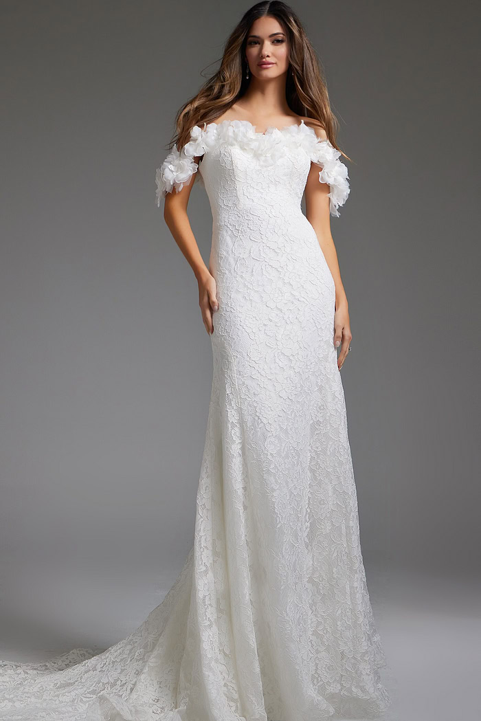 Model showcasing JB42295 ivory dress's full-length and floral appliqué details.
