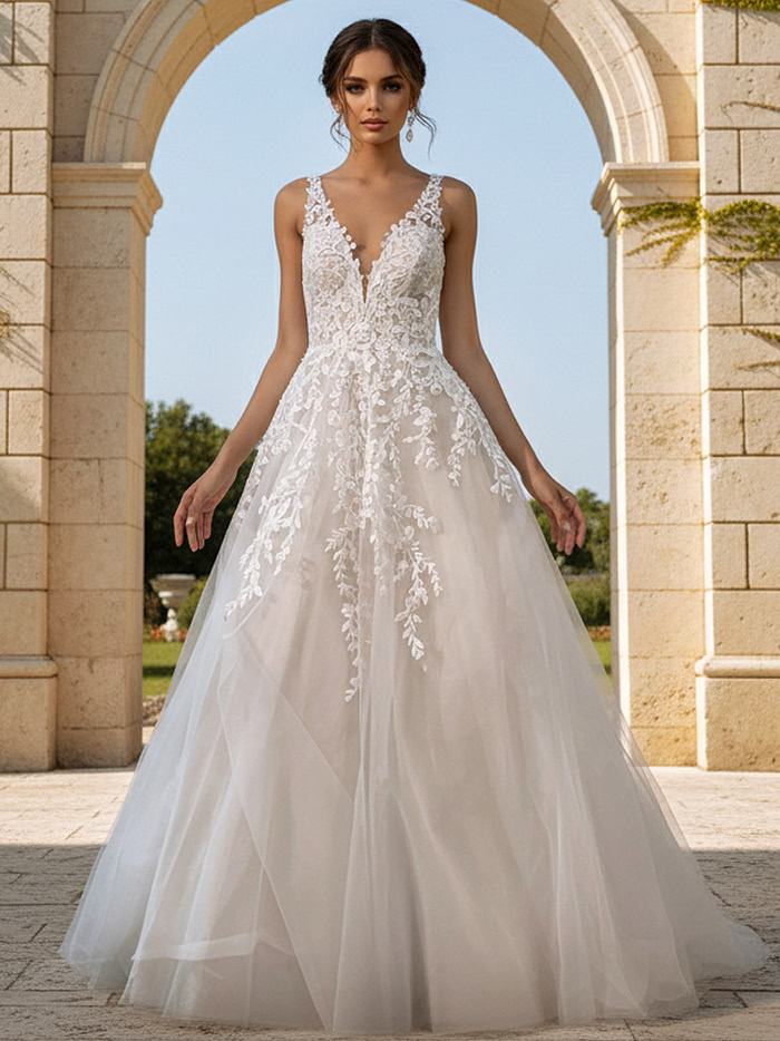 floral applique v neckline ball gown JB42323
