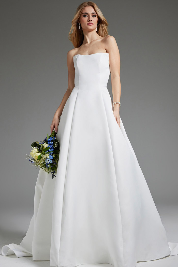 Model wearing Jovani JB42346 elegant off-white dress, front view.